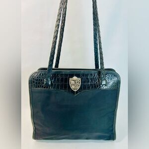 Brighton Black Leather and Nylon Shoulder Bag with Croc Embossed Trim